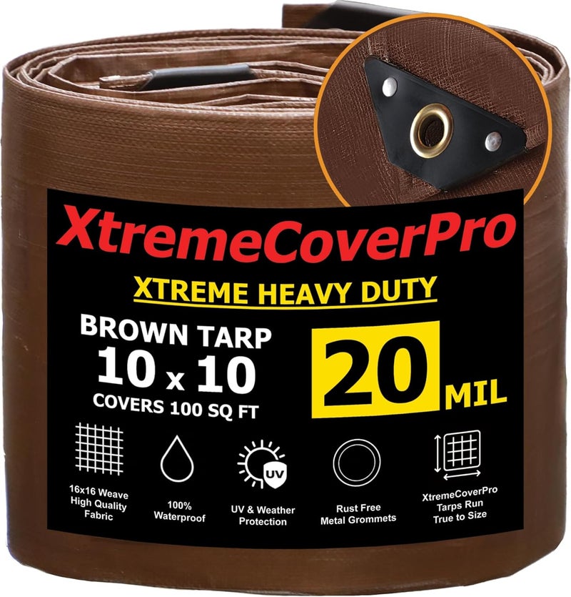 XTREMECOVERPRO 10' x 10' Brown Super Ultra Heavy-Duty Tarp – 20 Mil Waterproof & UV-Resistant 10x10 - Large Outdoor Tarp, Waterproof Cover for Rain Camping, Tent, UV Protection, Reinforced Corners - Image 1